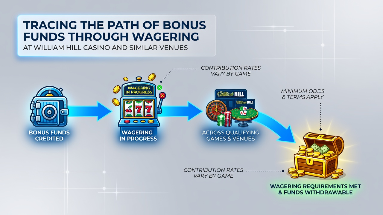 Flowchart illustrating how bonus credits convert to withdrawable cash across multiple casino venues